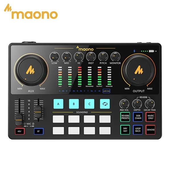 MAONO AME2 오디오 인터페이스 사운드 카드 DJ 믹서 올인원 휴대용 팟캐스트 스튜디오 (녹음, 라이브 스트리밍, 유튜브, 기타, PC용)