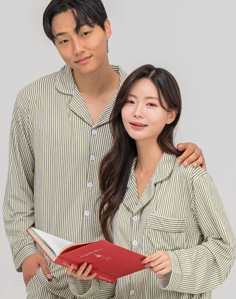 커플 클래식 라인 피치기모 카라 잠옷 SET