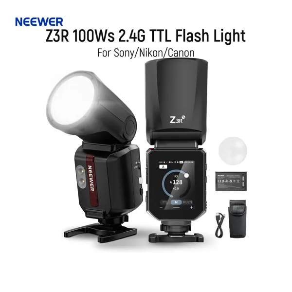NEEWER Z3R 100Ws 2.4G 라운드 헤드 TTL 플래시 스피드라이트 조명 (소니/캐논/니콘 카메라용, 터치스크린 포함, 1/8000초 HSS)