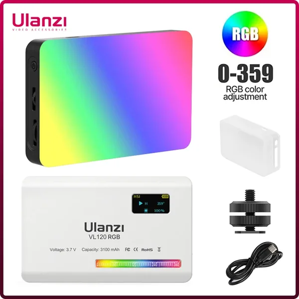 Ulanzi VL120 RGB 카메라 라이트(디퓨저 포함) 2500-9000K CRI 95+ 3100mAh LED 비디오 라이트 패널(카메라 폰 사진 조명용)