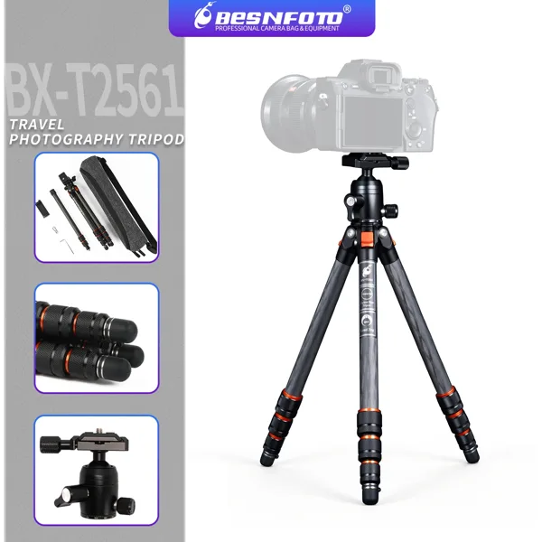 BESnfoto BX-T2561 카본 파이버 카메라 삼각대, 휴대폰 홀더 및 휴대용 가방 포함 볼 헤드, 전문 여행용 사진 삼각대