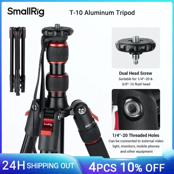 SmallRig T-10 카메라 삼각대, 68 인치 접이식 알루미늄 삼각대 및 모노포드 호환, 1/4 인치-20 및 3/8 인치-16 비디오 헤드