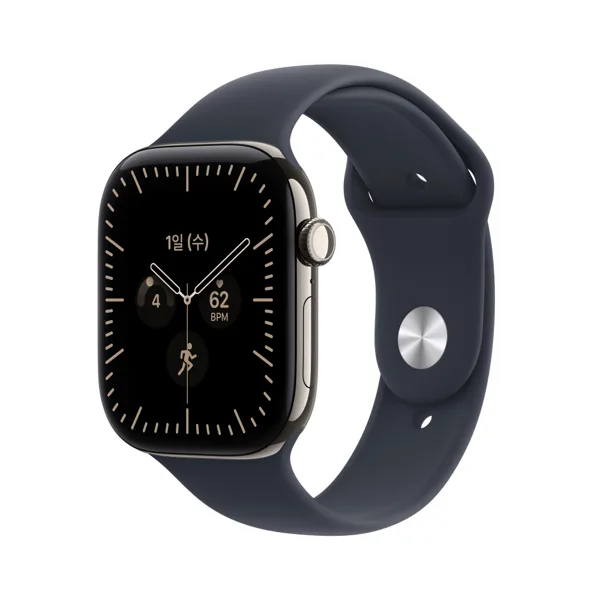 공식 애플워치 12 셀룰러 46mm 내추럴 티타늄, 네이비 블루 스포츠 밴드 (M/L) MJGN4KH/A