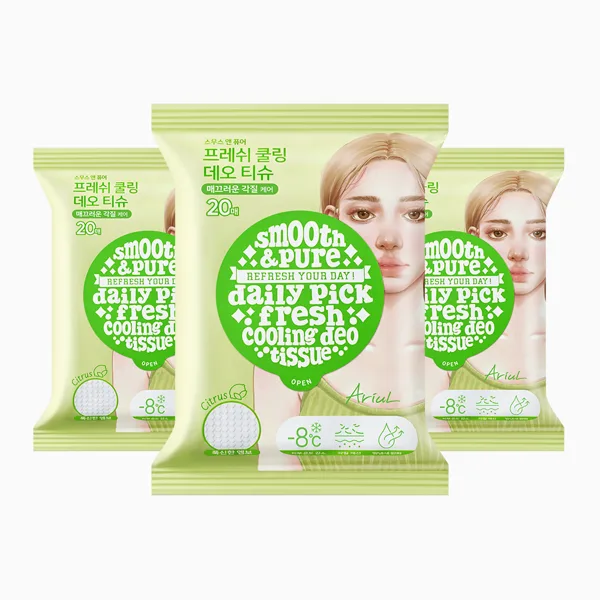 [상쾌 리프레쉬] 아리얼 스무스 앤 퓨어 쿨링 데오 티슈 프레쉬, 116g, 3개