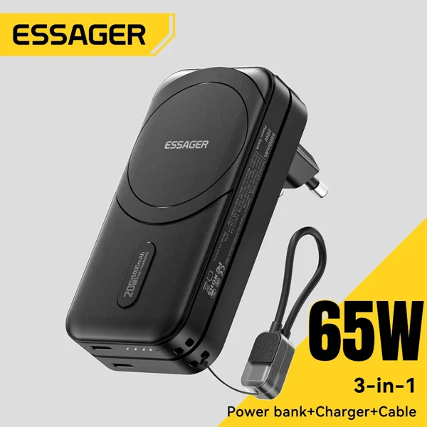 ESSAGER 3-in-1 마그네틱 65W GaN 충전기 무선 5000mAh 파워뱅크 (케이블 포함) 아이폰17 16 15 삼성 S25 S24 맥북 여행용
