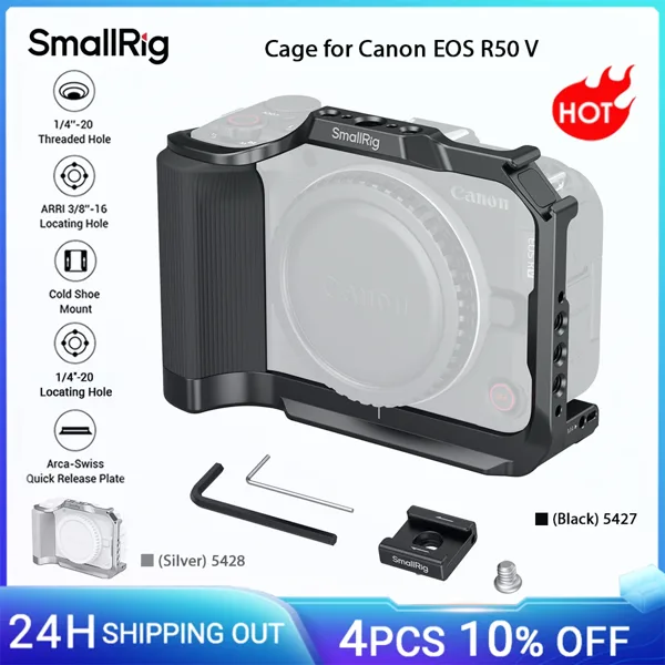 DJI RS 안정기용 삼각대용 실리콘 핸들 및 Arca-Swiss 퀵 릴리스 플레이트가 있는 Canon EOS R50 V용 SmallRig 케이지 -5427