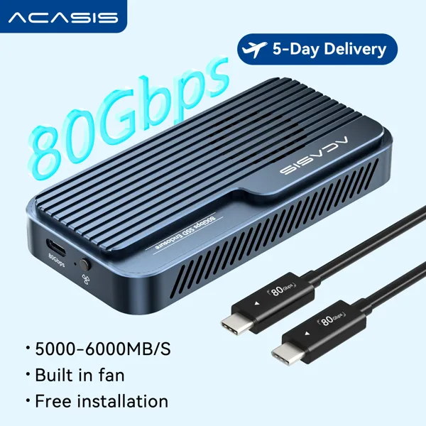 Acasis USB4 V2 80Gbps M.2 NVMe SSD 케이스 (JHL9480/RTL9210 칩 및 방열판 팬 포함); Thunderbolt 3/4/5 호환; 삼성 980 PRO, 990 PRO 및 9100 SSD 지원; MacBook Pro/Mac Mini M5 Pro 및 Windows용 USB4 외장 SSD 케이스