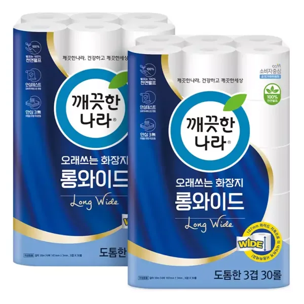 깨끗한나라 천연펄프 3겹 오래쓰는 롱와이드, 30m, 30롤, 2개