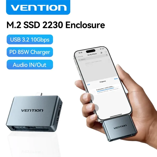 Vention 2230 M.2 NVMe SSD 케이스 USB C 3.2 Gen2 10Gbps 오디오 포트 포함 PD 100W 아이폰 17 아이패드 맥북 노트북용
