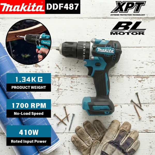 마키타 DDF487 18V 브러시리스 무선 드릴 10mm 척 18V 리튬 배터리용 목재 금속 DIY 수리용