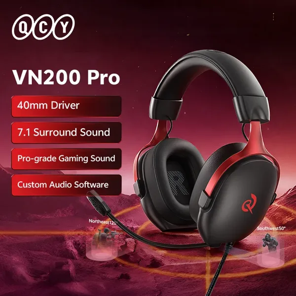 QCY VN200 Pro 유선 게이밍 헤드셋 마이크 포함 40mm 드라이버 7.1 서라운드 오버이어 헤드폰 PC PS4 PS5 게이머용 헤드폰