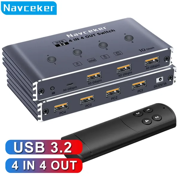 Navceker KVM USB C 스위치(컨트롤러 포함) 4대의 컴퓨터 공유 4개의 10Gbps USB 3.2 Gen 2(PC, 노트북, 키보드용)