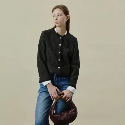 더아이잗 울 버튼 포인트 크롭 체크 재킷 IRVP0JK571
