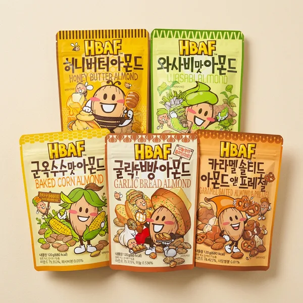 HBAF 시즈닝 아몬드, 허니버터 120g 1개 + 와사비 120g 1개 + 군옥수수 120g 1개 + 마늘빵 120g 1개 + 카라멜 120g 1개, 1세트