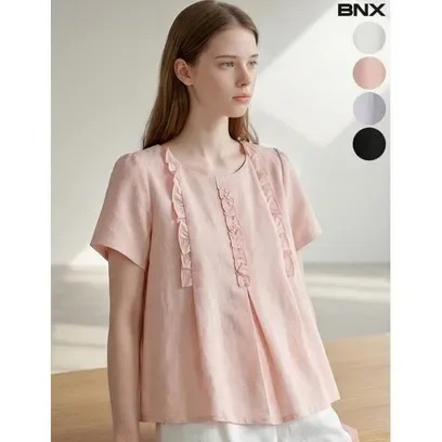 핀턱 프릴 디테일 반팔 블라우스