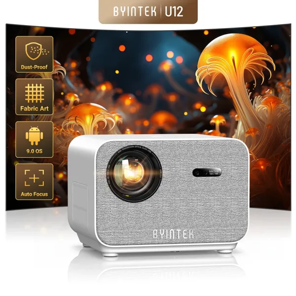 BYINTEK LOVE U12 풀 HD 1080P 프로젝터, 4K 800 ANSI 안드로이드 와이파이 6 자동 초점 홈 시어터 프로젝터, 영화 미팅 비디오용