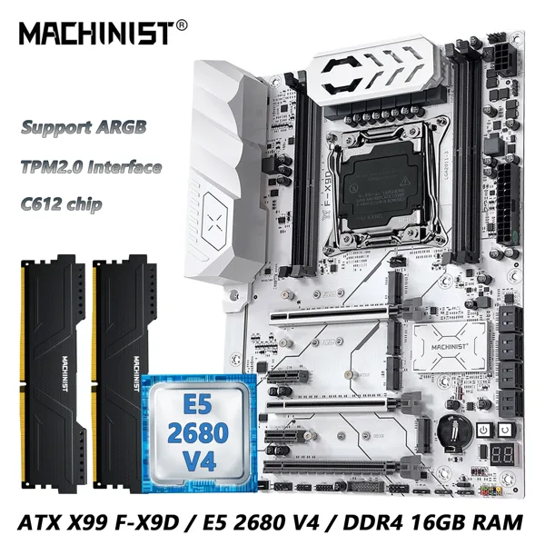 MACHINIST F-X9D X99 메인보드는 ARGB, TPM2.0을 지원하며, LGA2011-3 E5 2680 V4 CPU, 16GB DDR4 RAM, C612 칩셋, 쿼드 채널 메모리를 선택적으로 장착할 수 있습니다.