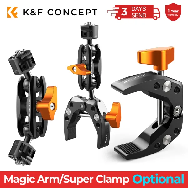 K&F CONCEPT 다기능 슈퍼 클램프 (더블 360°) GoPro Insta360 DJI OSMO 액션 카메라 폰용 볼 헤드 매직 암