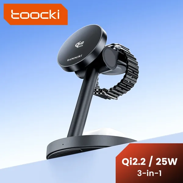 투키 Qi2.2 25W 마그네틱 충전기 15W 고속 충전 3-in-1 무선 데스크탑 충전기 (삼성 아이폰 워치 에어팟 이어폰용)