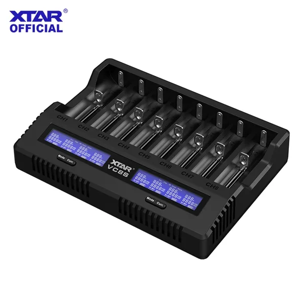 XTAR VC8S 스마트 배터리 충전기 - 8슬롯, 고속 충전, 배터리 테스트, 3.6/3.7V 리튬 이온 및 1.2V Ni-MH와 광범위한 호환성