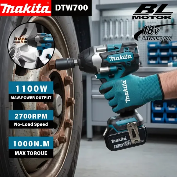 마키타 DTW700 18V 무브러시 무선 임팩트 렌치, 1/2인치, 1000N·m, 4단계 속도 조절, 자동 정지 기능, 트럭 및 중장비용.