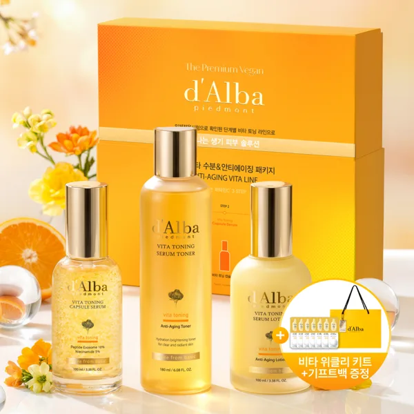 달바 비타 토닝 3종 세트 토너 180ml+세럼 나이아신아마이드 5% 100ml+로션 100ml+기초 3종 올인원 키트+기프트백 증정