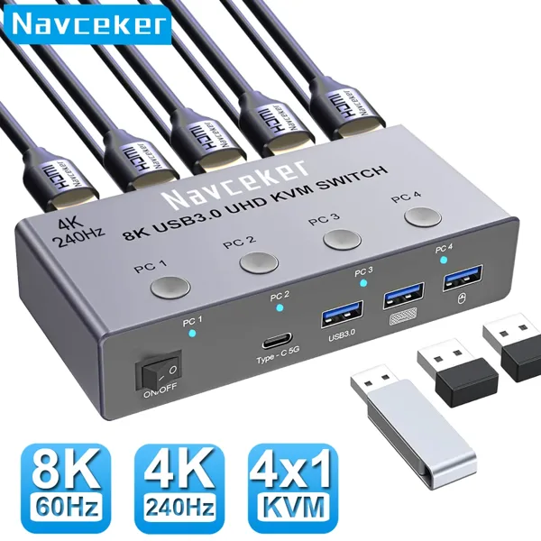 Navceker 4K 240Hz KVM 스위치 HDMI 4x1 8K 4 PC 스위처 4포트 USB 3.0 셀렉터 모니터 마우스 키보드 공유용