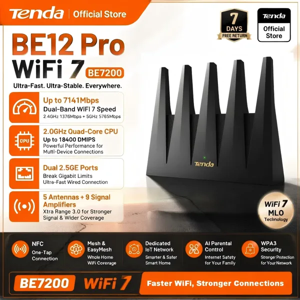 텐다 BE12 Pro WiFi 7 BE7200 7141Mbps 듀얼 밴드 듀얼 2.5G 포트 쿼드 코어 CPU 5 안테나 메시 NFC 이지메시 게이밍 공유기