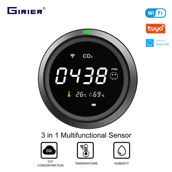 GIRIER 투야 스마트 CO2 감지기, 와이파이 이산화탄소 센서, 실내 공기질 모니터, 온도 및 습도 센서 내장