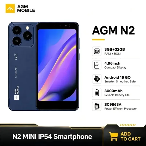 AGM N2 미니 스마트폰 3GB+32GB IP54 컴팩트 사이즈 4.96인치 디스플레이 안드로이드 16 GO 3000mAh 배터리 듀얼심
