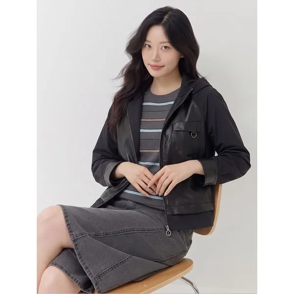 리사이클 비건레더 후드 크롭 코트 LCCAO922