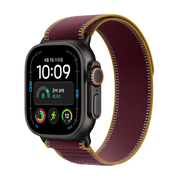 애플워치 울트라 4 셀룰러 블랙 티타늄, 49mm, 버건디 트레일 루프(M/L)