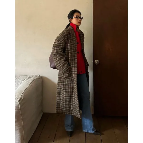 카멜 체크 울혼방 롱코트 VICO4F202CM