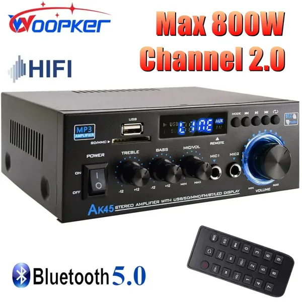 Woopker HiFi 디지털 앰프 AK45 Bluetooth MP3 채널 2.0 사운드 앰프 지원 90V-240V 가정용 자동차 MAX 400W * 2