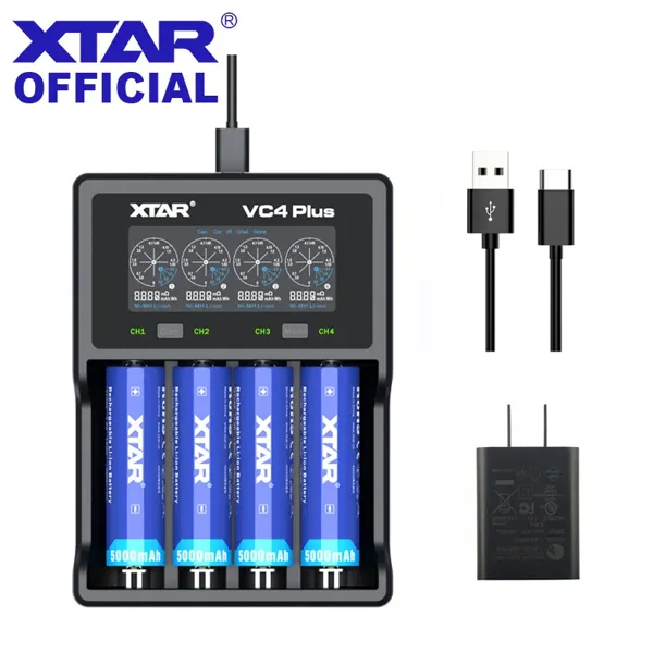 XTAR 배터리 충전기, VC4 플러스, 고속 충전, 14650 18350, 18490, 18500, 18700, 26650, 22650, 20700, 21700, 18650 충전기, C 플러그