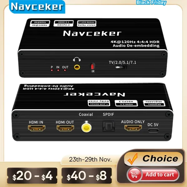 Navceker HDMI 오디오 추출기, 8K 60Hz, 4K 120Hz RGB 4:4:4 HDMI 2.1 오디오 분배기, PS5 XBox 용 7.1 Atmos De-embed 컨버터