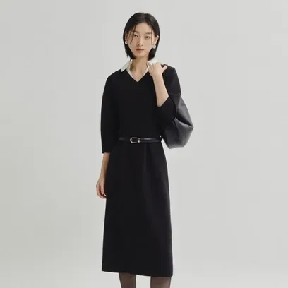 더아이잗 볼륨 슬리브 배색 칼라 원피스 ISSP0OP405