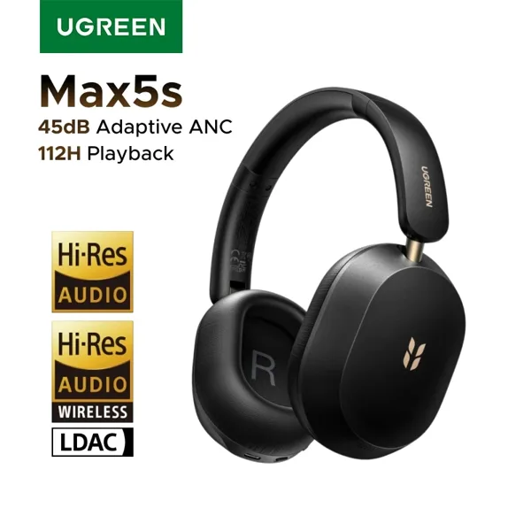 UGREEN Max5s 오버이어 블루투스 무선 헤드폰 45dB 하이브리드 ANC 노이즈 캔슬링 112시간 롱 플레이타임