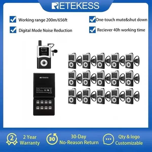 RETEKESS T130U UHF 무선 가이드 시스템 음성 가이드 세트, 무선 송수신기 투어 가이드 기기 박물관 설명기