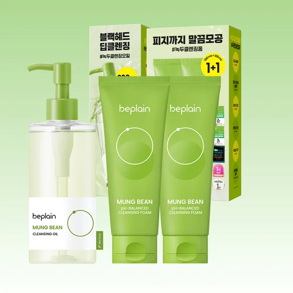 비플레인 녹두 약산성 클렌징폼 100ml+100ml 기획 + 녹두 클렌징 오일 300ml 대용량