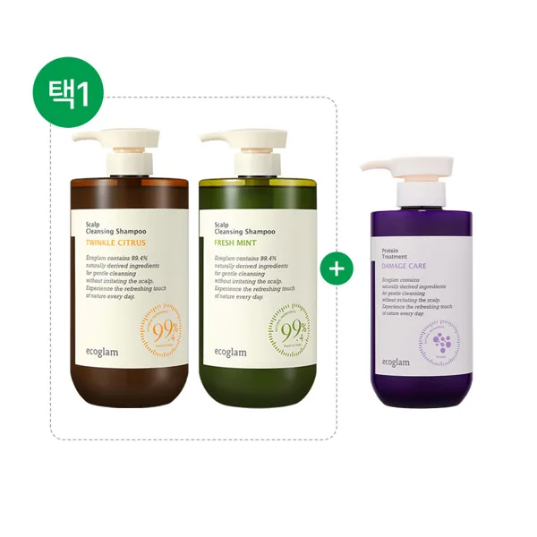 에코글램 데미지 케어 단백질 트리트먼트 500ml+스칼프 클렌징 샴푸 1000ml (택1) 2종 세트