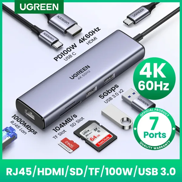 UGREEN USB 허브 7-in-1 C타입 HDMI SD 및 TF 5Gbps USB3.0 PD100W 맥북 액세서리 USB 스플리터 도킹 스테이션