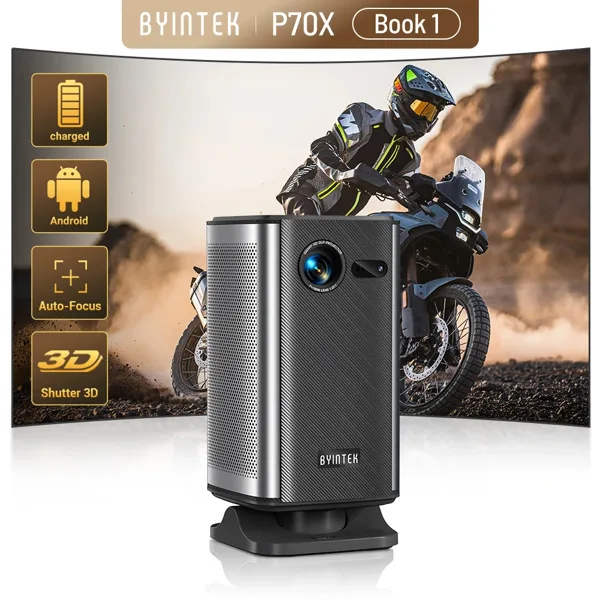 바이인텍 북 1 P70X 휴대용 내장 배터리 4K 지원 3D 와이파이 야외 영화관 홈시어터 프로젝터