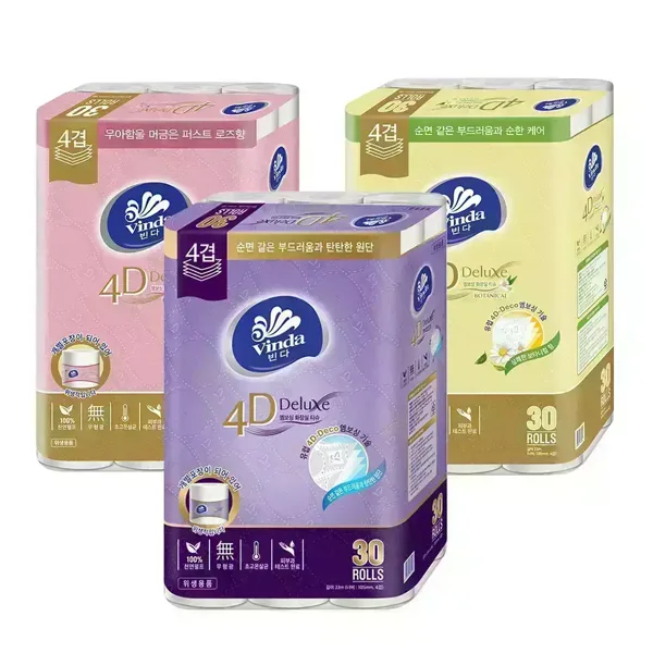 빈다 개별포장 4D Deluxe 엠보싱 4겹 천연펄프 롤화장지 30롤 2팩(무향/보타니컬/퍼스트로즈)
