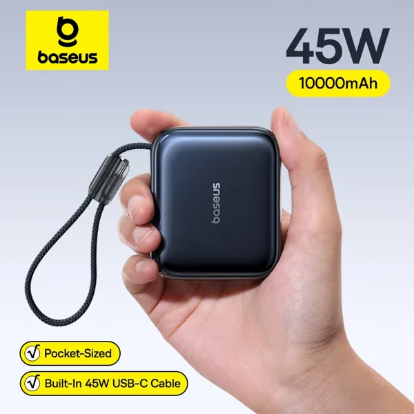 베이스어스 45W 미니 파워뱅크 10000mAh 내장 USB-C 케이블 포켓 사이즈 고속 충전 휴대용 아이폰 17 삼성 S25용