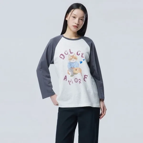 캣 프린팅 래글런 티셔츠_BATS08611MG