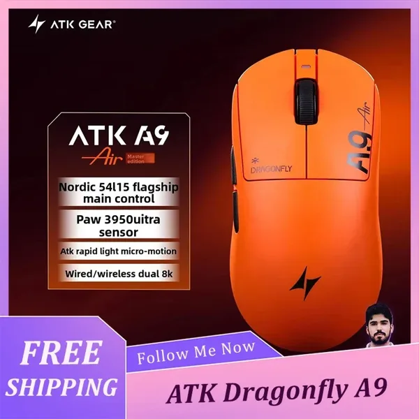 ATK A9 Air Ultimate Plus 게이밍 마우스 무선 블루투스 경량 PAW3955 울트라 듀얼 8K e스포츠 FPS 액세서리