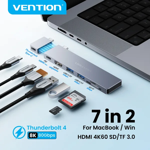 벤션 7 in 2 USB C 허브 썬더볼트 4 80Gbps 8K 맥북 프로 에어용 USB 3.0 SD TF HDMI 4K60Hz 도크 스테이션 스플리터 (윈도우용)