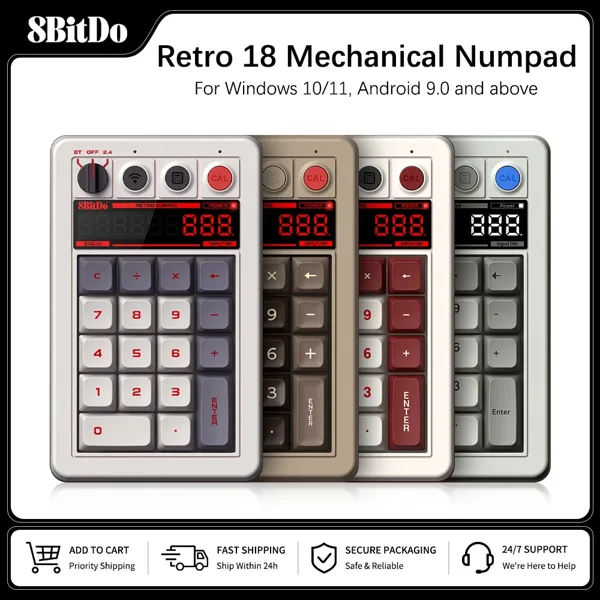 8BitDo Retro 18 기계식 숫자 패드, 계산기 모드 지원, Windows 및 Android용 Bluetooth/2.4G/유선 숫자 패드