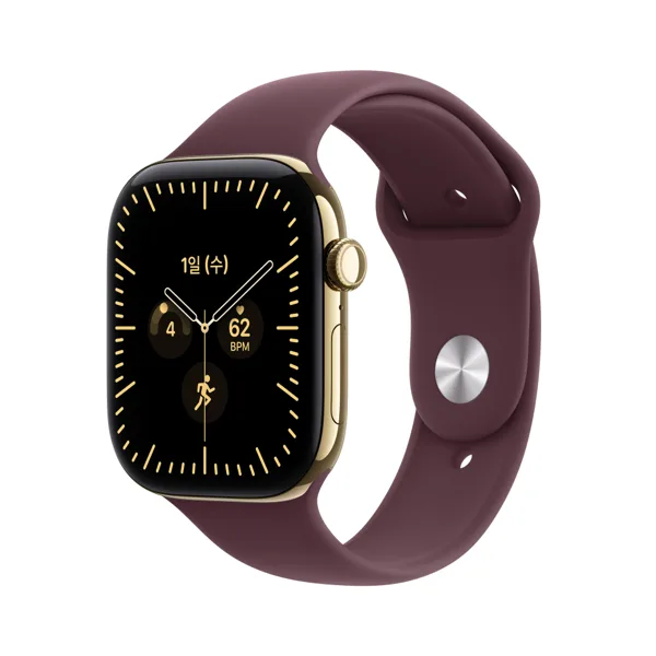 공식 애플워치 12 셀룰러 46mm 래디언트 골드 티타늄, 버건디 스포츠 밴드 (M/L) MJGT4KH/A
